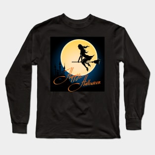 Happy Halloween poster with witch on a broom Long Sleeve T-Shirt